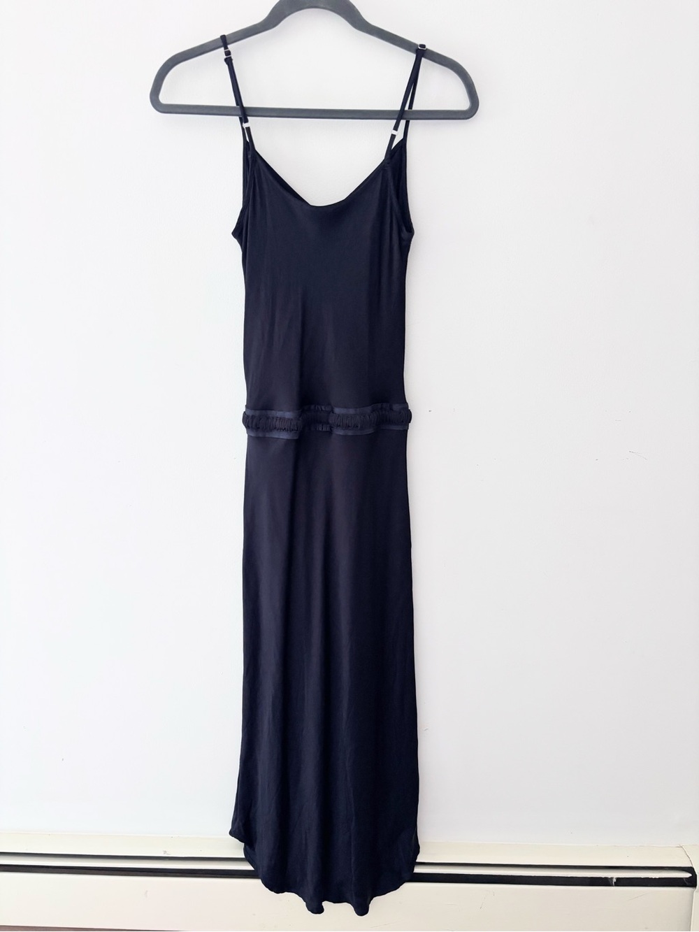 FLANNEL slinky navy viscose shine maxi dress tie waist flattering feminine Small - Picture 2 of 9